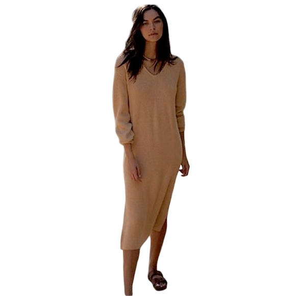 Free People Beach Claudia Midi Sweater Dress Camel Brown Tan Chunky Hooded Small - Picture 2 of 9